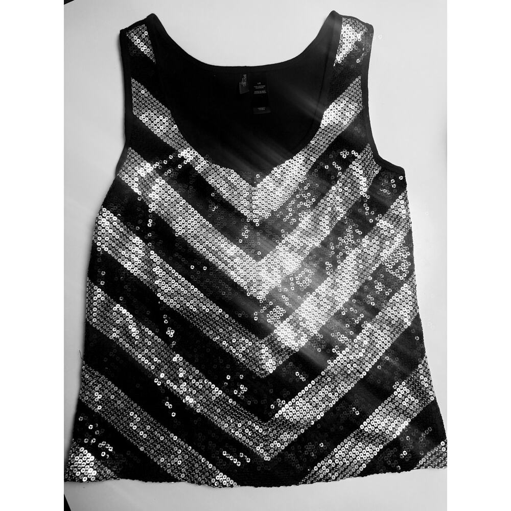 Bisou Bisou Black Silver Sequin Chevron Tank Top Womens Large Y2K Party